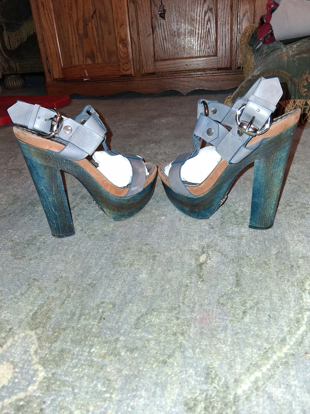 Gucci Gray Strappy Platform Sandals with Teal-Wash Wood Heel